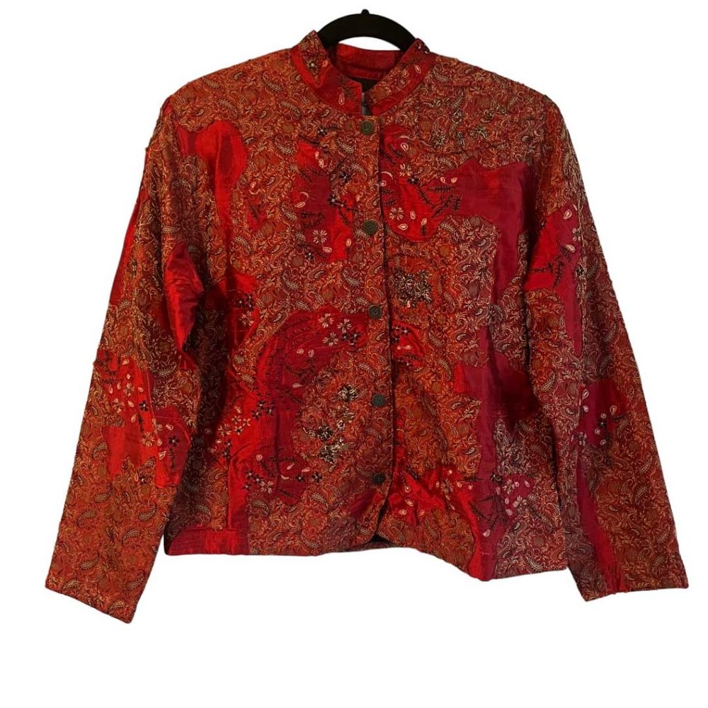 Chico's Rich Red Embellished Applique Silk Jacket